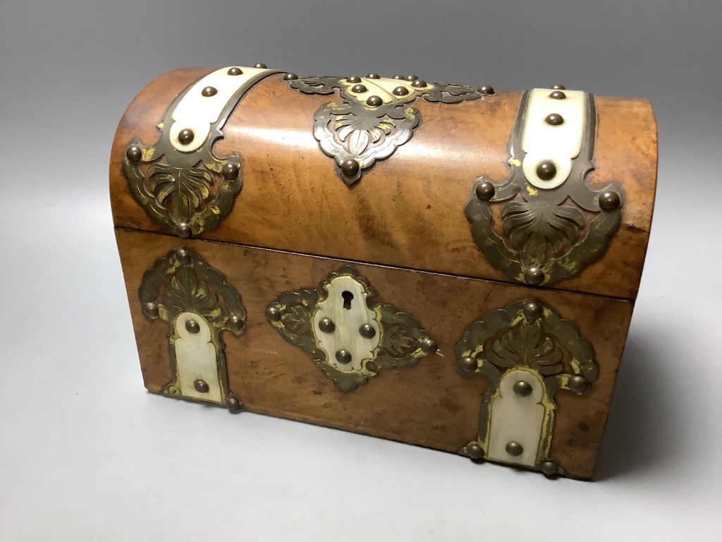 A tortoiseshell and ormolu jewellery casket, modelled in the form of a French commode and a Victorian brass-mounted walnut tea caddy, largest 31cm